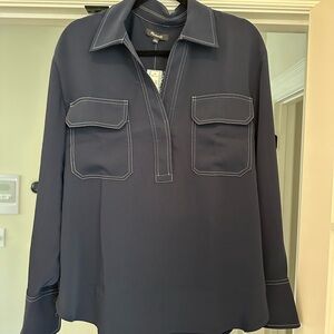 NEW Madewell Navy Blouse with White Stitching LARGE